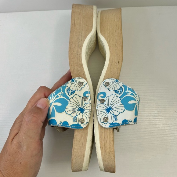Dr Scholl’s Vintage Blue & White Hawaiian Hibiscus Silver Buckle Sandal Size 10 - Picture 10 of 14